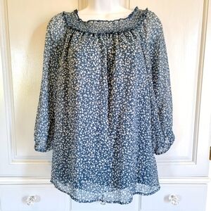 NWT LC Lauren Conrad Blue Cream Floral Ruffle Collar Flowy Blouse Size Small